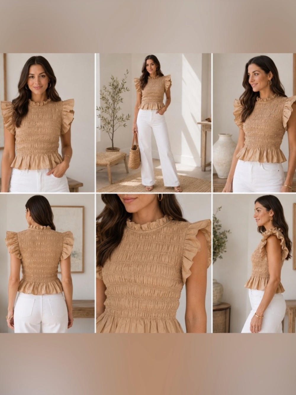 Hyacinth House Tuckernuck Xs tan smocked high neck Nadine blouse - Picture 2 of 6